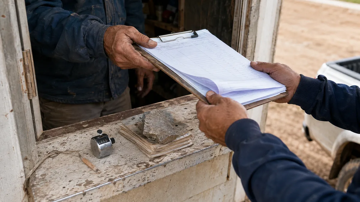 Un caporal entrega la hoja de asistencia de su cuadrilla en la ventanilla de la oficina de la finca