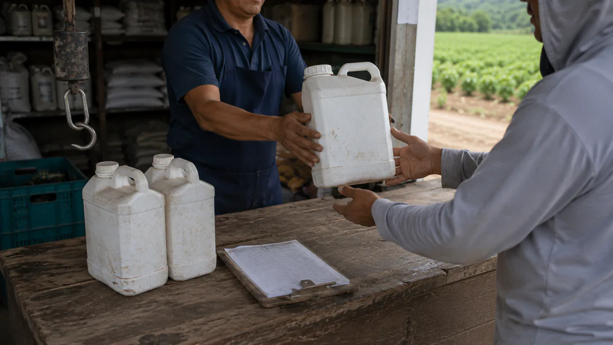 A storekeeper handing crop-protection inputs across the warehouse counter to a field worker